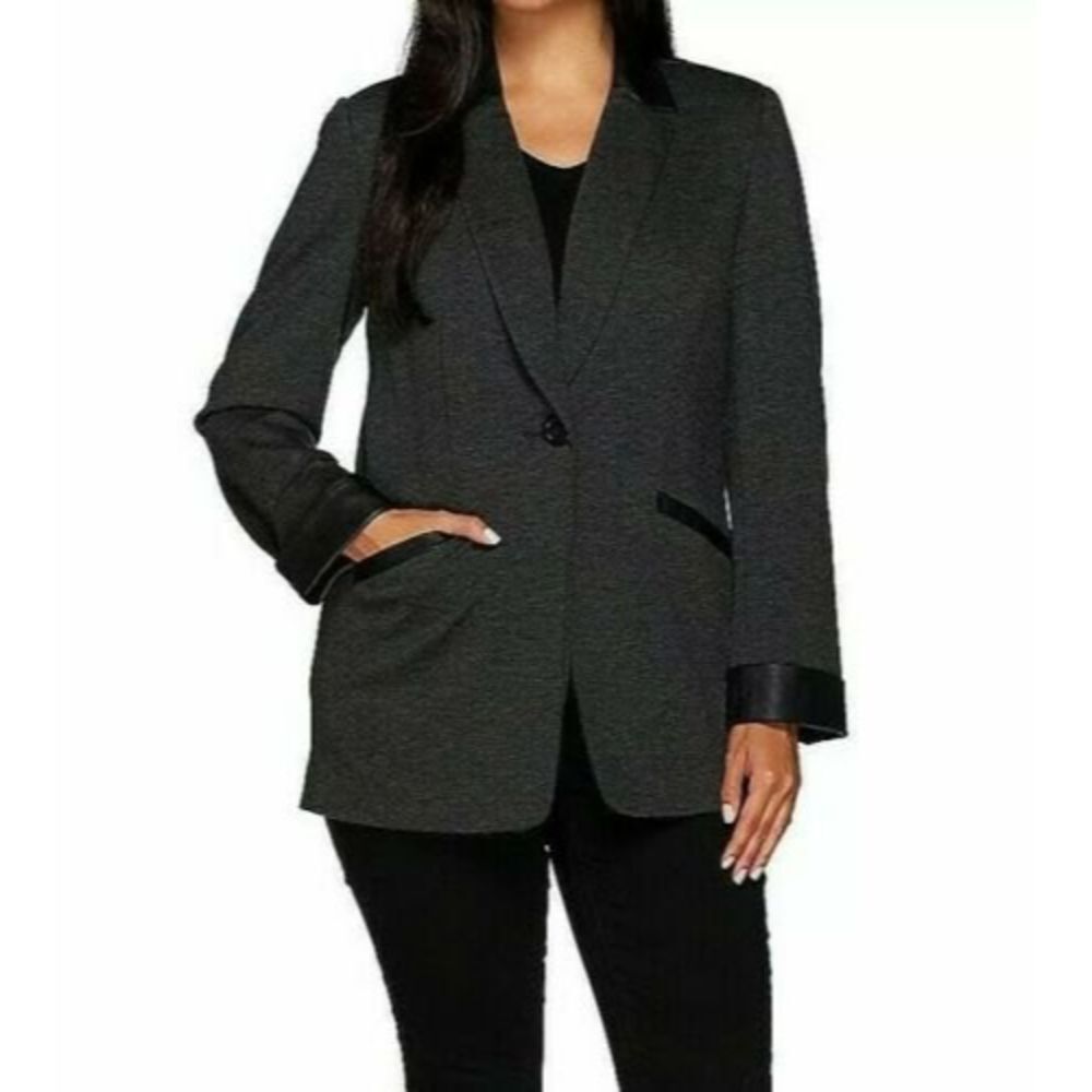 Susan Graver Womens Sz 12 Ponte Jacket with Faux Leather Trim Gray